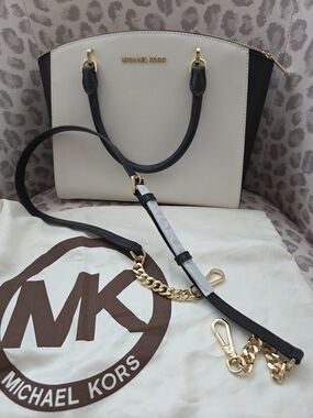 Michael Kors Cream and Black Dome Satchel with Gold Hardware